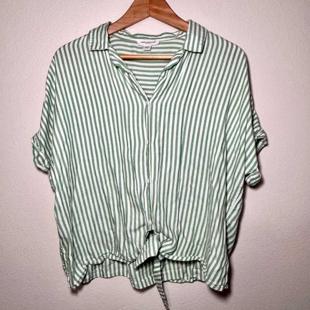 BeachLunchLounge Green Stripe Tie Front Button Shirt Coastal Size L